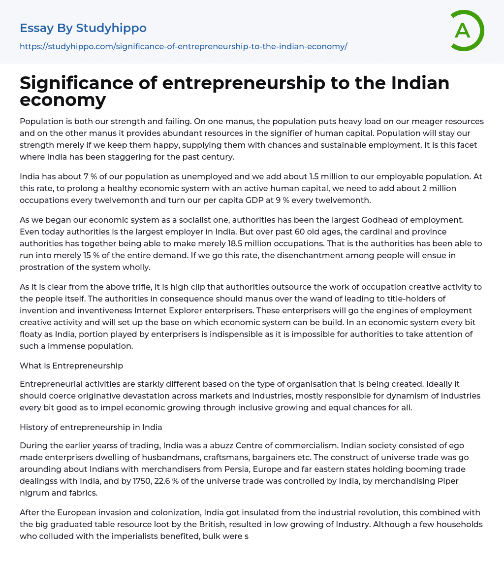 Significance of entrepreneurship to the Indian economy Essay Example