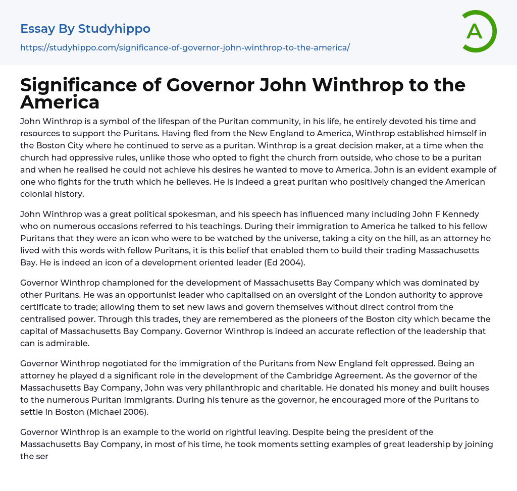 Significance of Governor John Winthrop to the America Essay Example