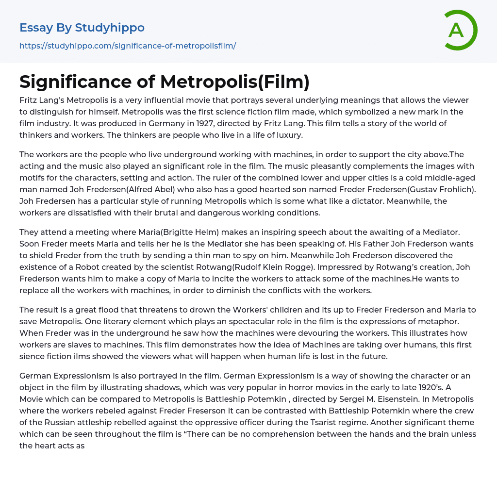 Significance of Metropolis(Film) Essay Example
