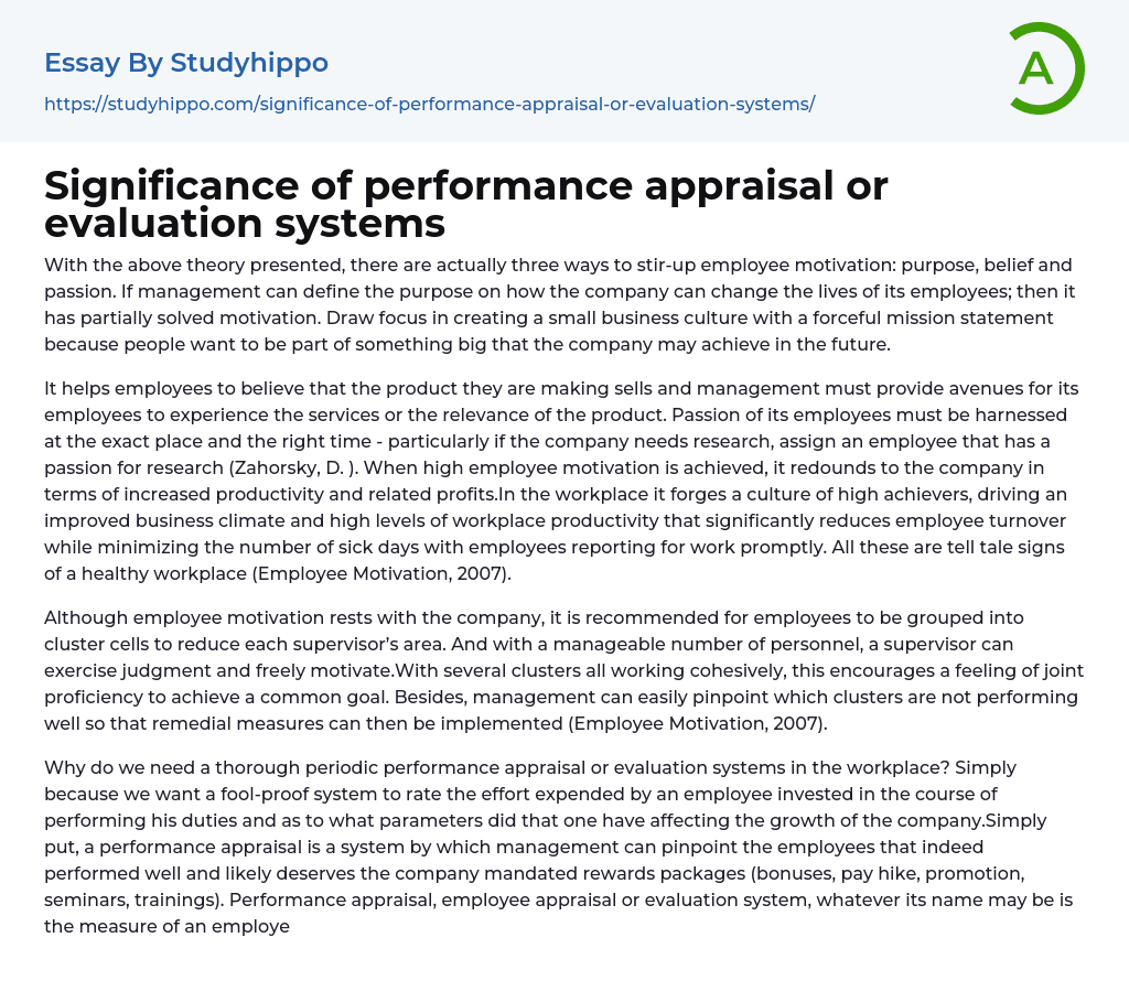 Significance of performance appraisal or evaluation systems Essay Example