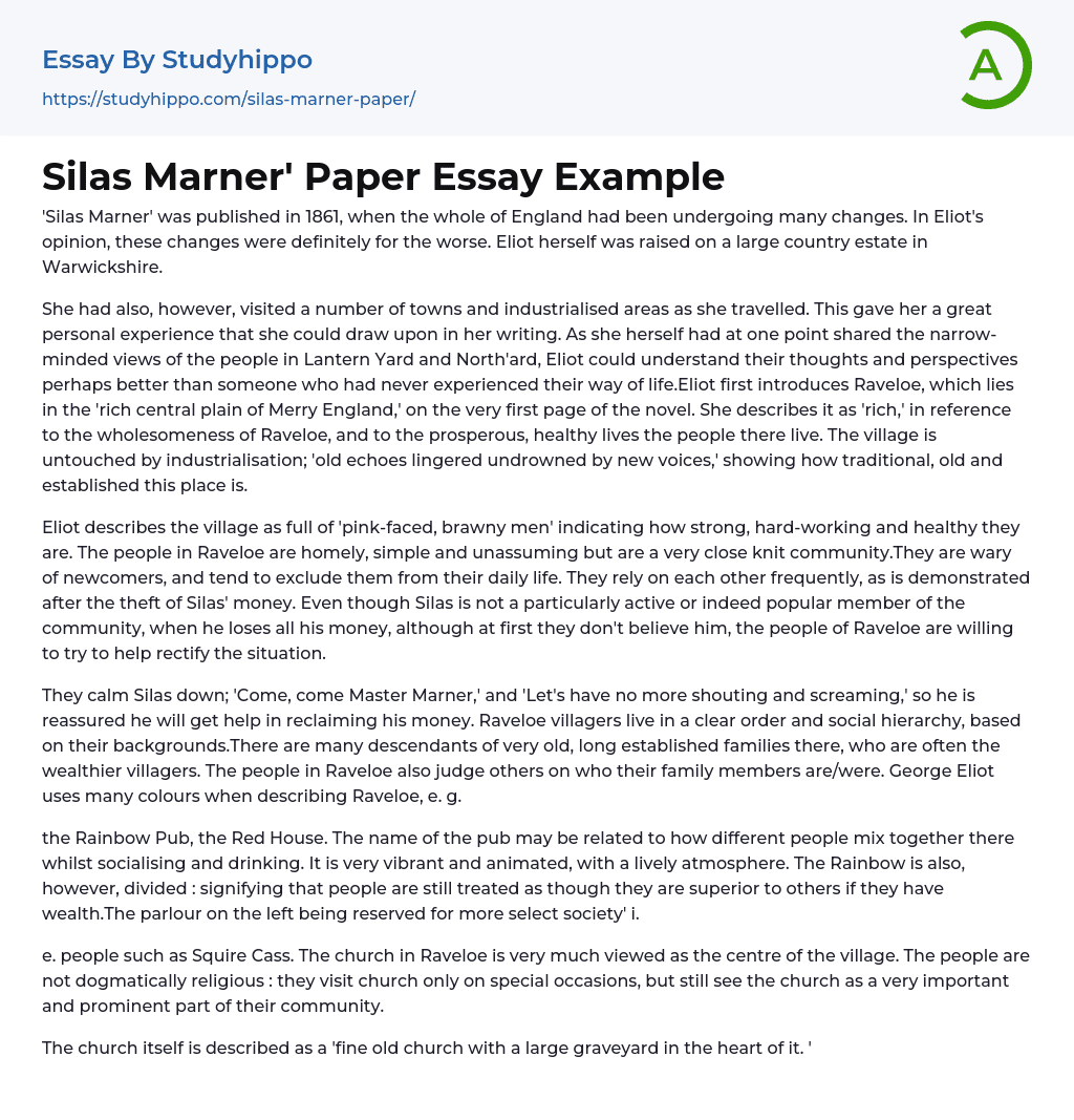 Silas Marner’ Paper Essay Example
