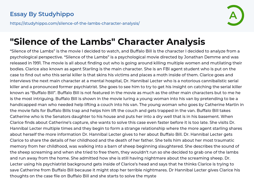 “Silence of the Lambs” Character Analysis Essay Example