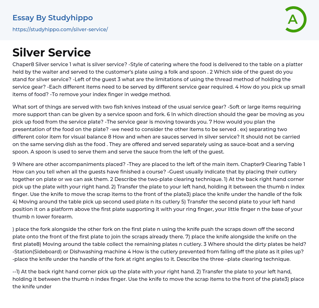 Silver Service Essay Example