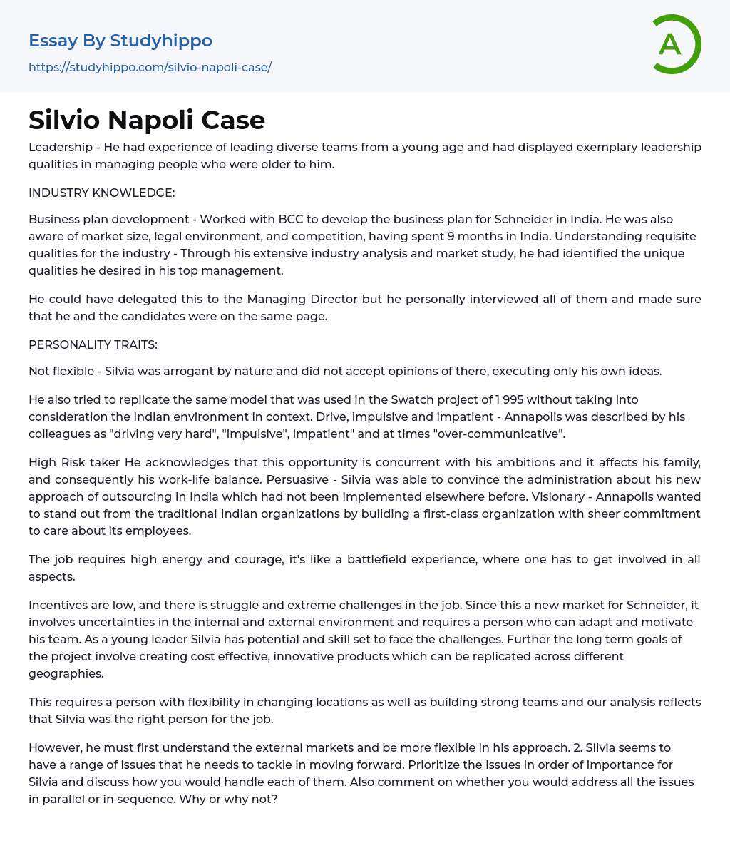 Silvio Napoli Case Essay Example