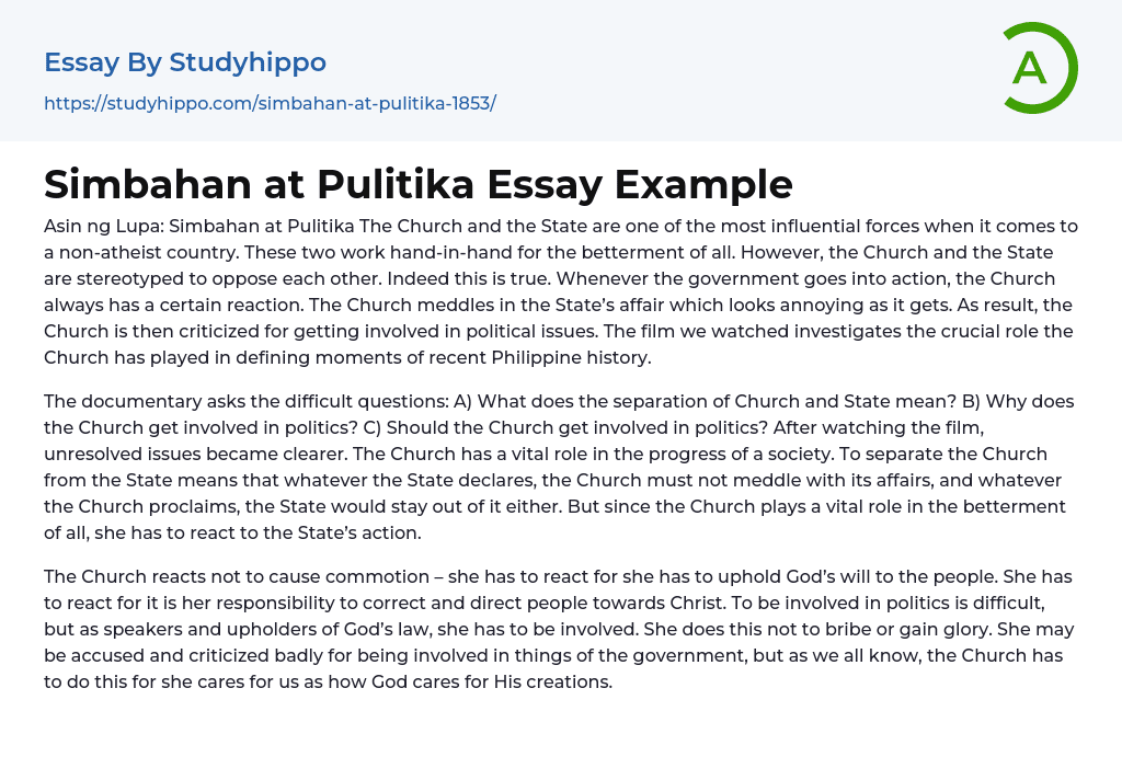 Simbahan at Pulitika Essay Example
