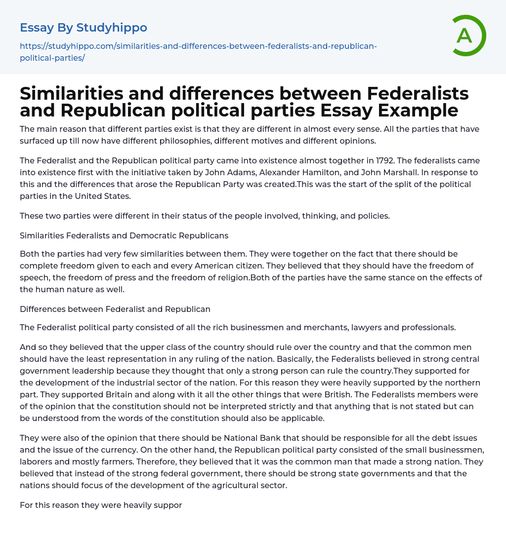 Similarities and differences between Federalists and Republican political parties Essay Example
