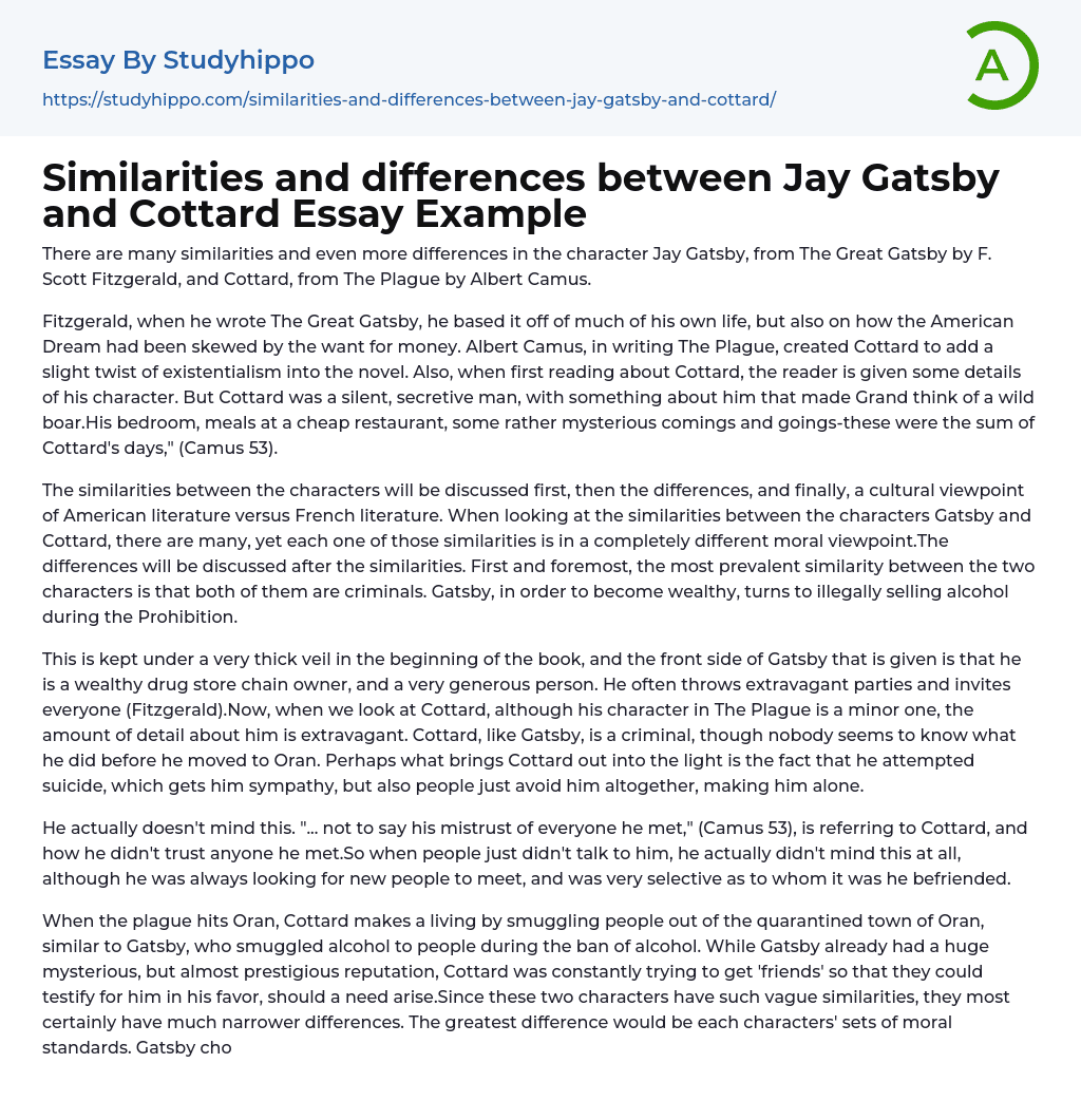 Similarities and differences between Jay Gatsby and Cottard Essay Example