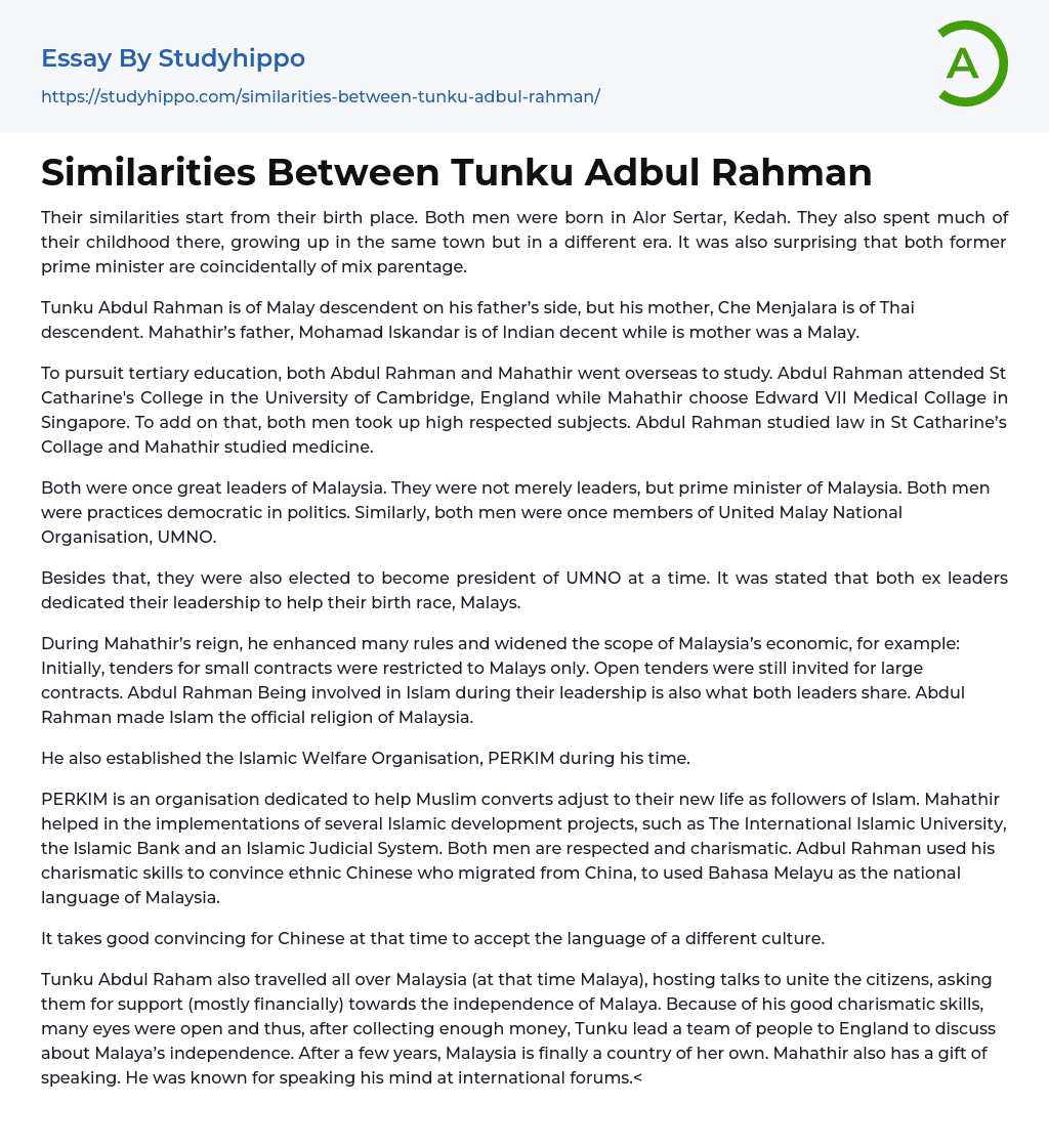 Similarities Between Tunku Adbul Rahman Essay Example