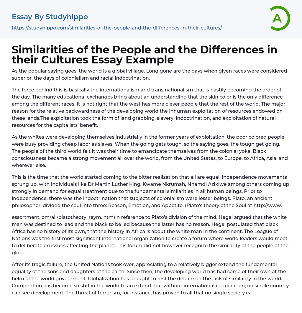 Similarities of the People and the Differences in their Cultures Essay Example