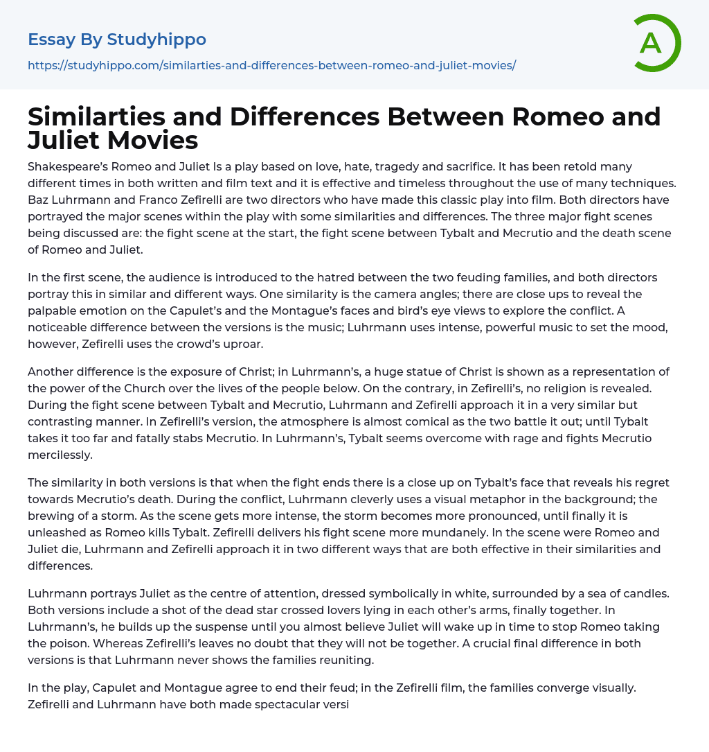 Similarties and Differences Between Romeo and Juliet Movies Essay Example