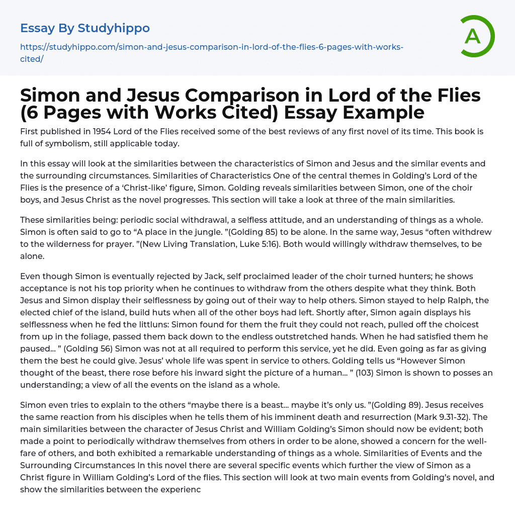 Simon and Jesus Comparison in Lord of the Flies (6 Pages with Works Cited) Essay Example