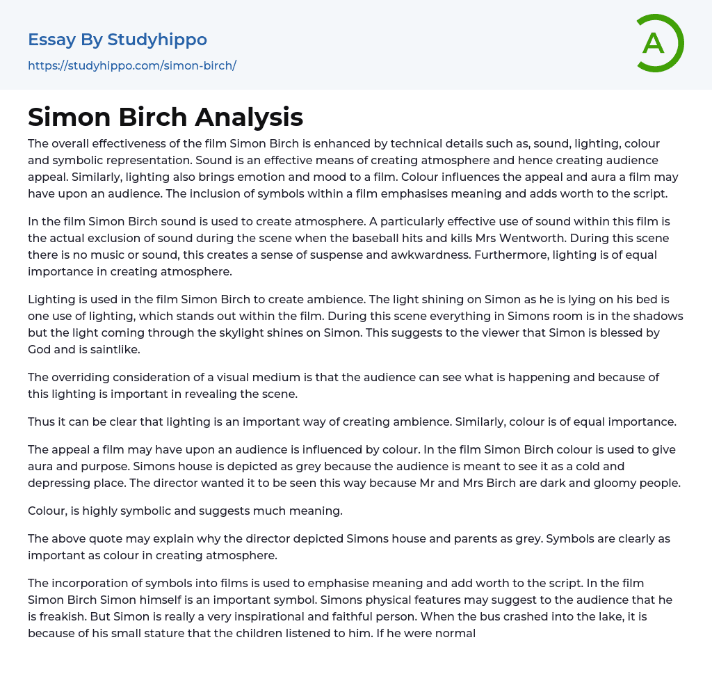 Simon Birch Analysis Essay Example