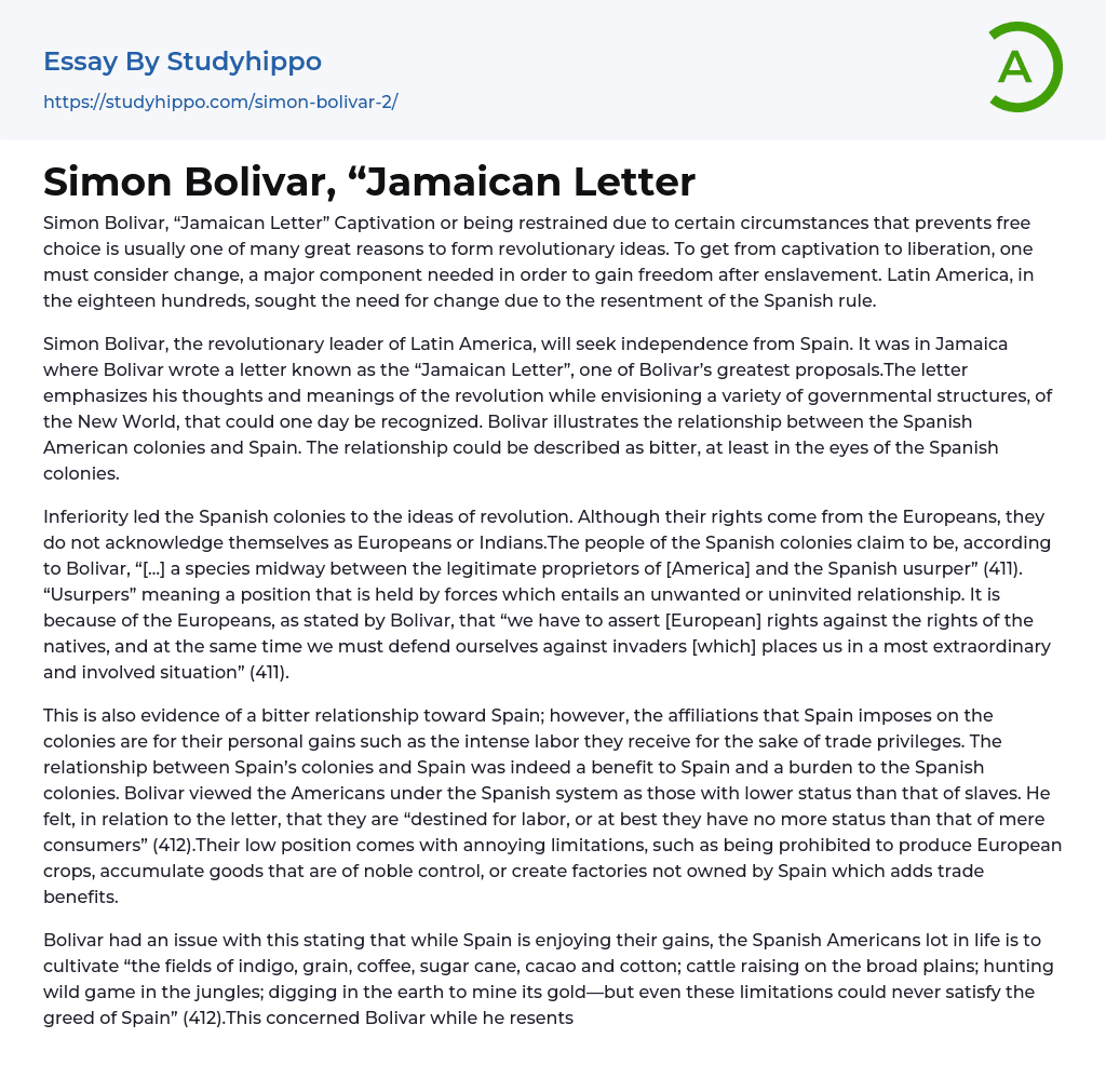 Simon Bolivar, “Jamaican Letter Essay Example