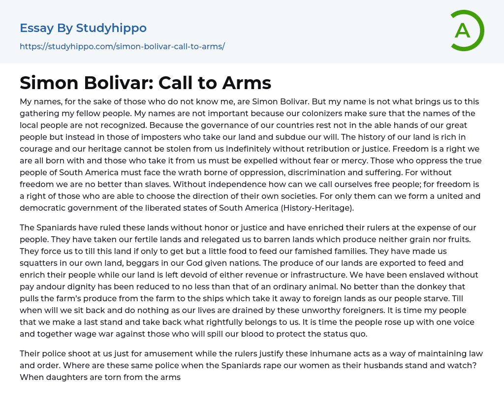Simon Bolivar: Call to Arms Essay Example