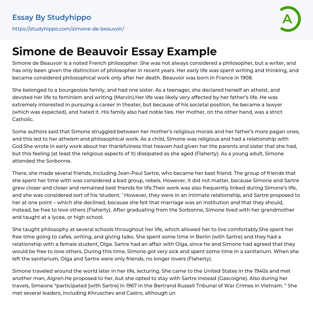 Simone de Beauvoir Essay Example