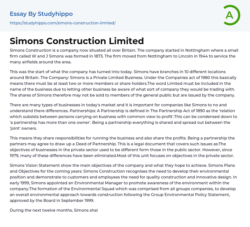 Simons Construction Limited Essay Example