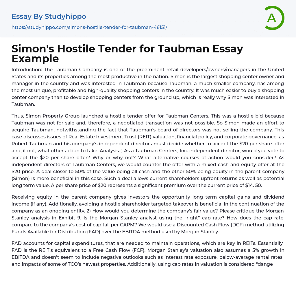 Simon’s Hostile Tender for Taubman Essay Example