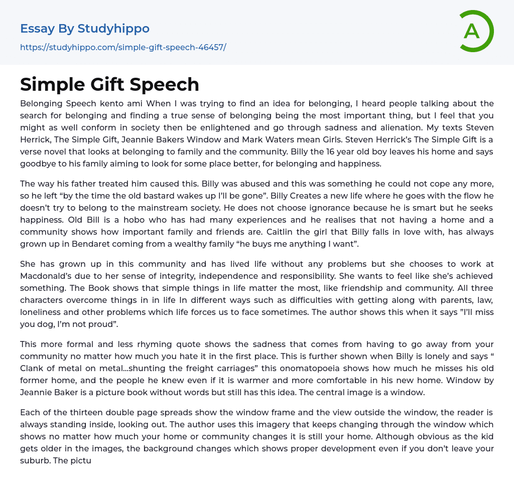 Simple Gift Speech Essay Example