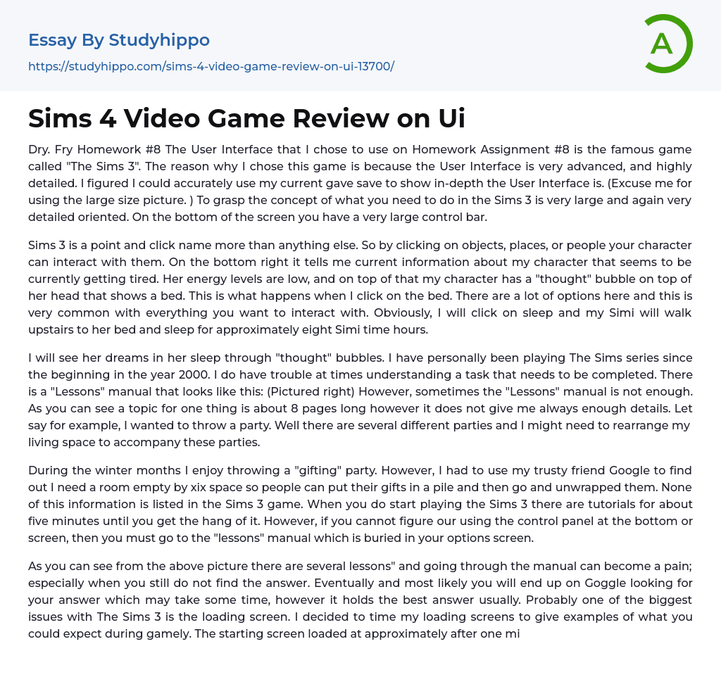 Sims 4 Video Game Review on Ui Essay Example