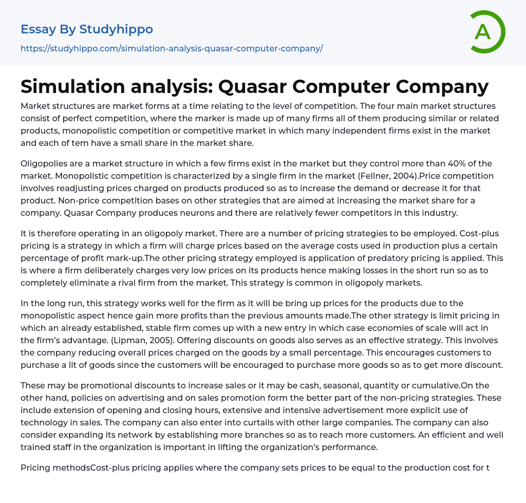 Simulation analysis: Quasar Computer Company Essay Example
