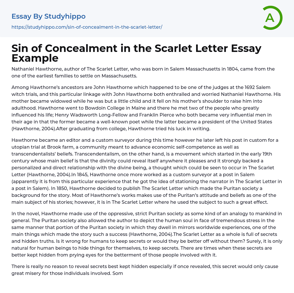 Sin of Concealment in the Scarlet Letter Essay Example