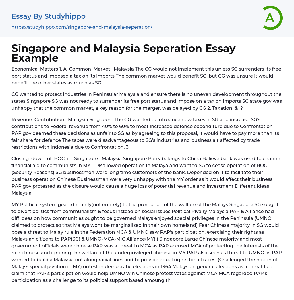 Singapore and Malaysia Seperation Essay Example