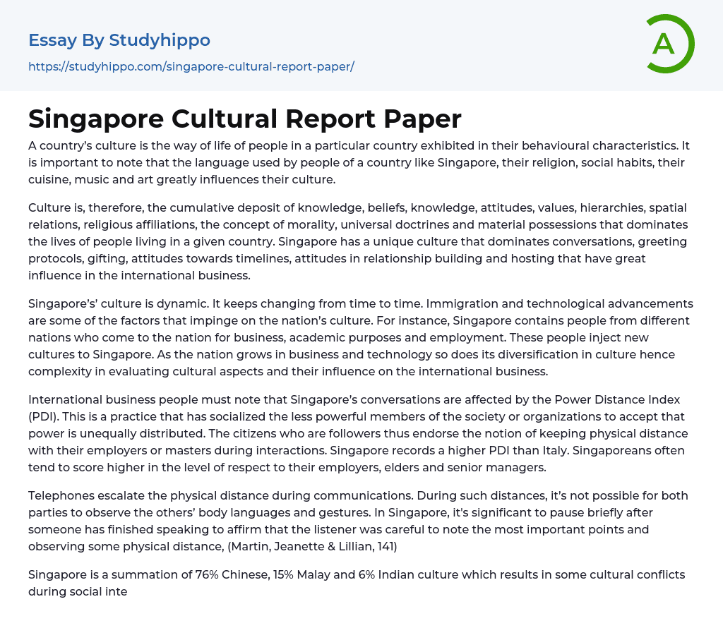 Singapore Cultural Report Paper Essay Example
