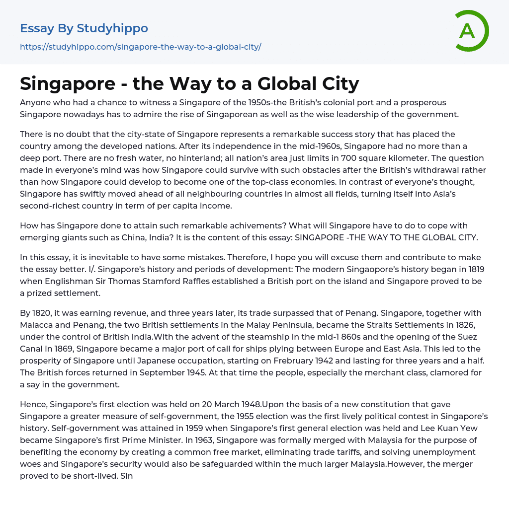 Singapore – the Way to a Global City Essay Example