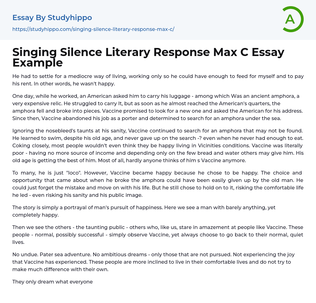 Singing Silence Literary Response Max C Essay Example
