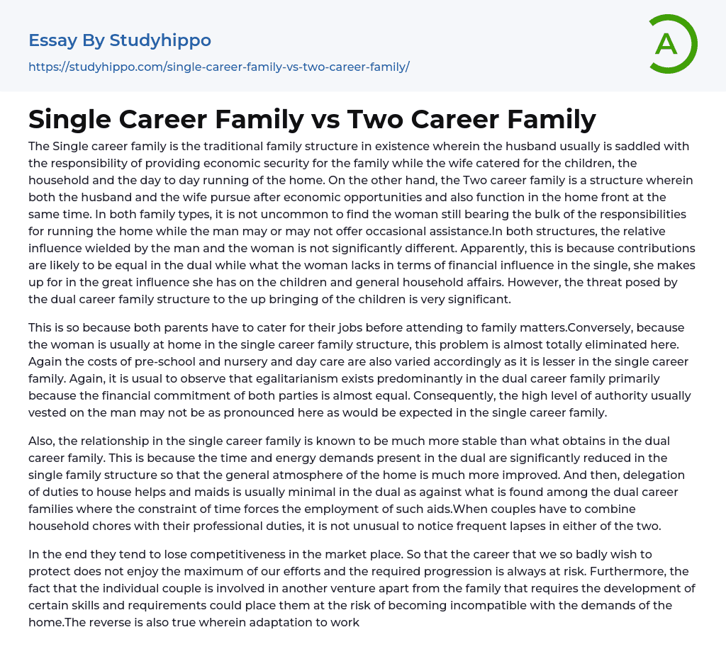 Single Career Family vs Two Career Family Essay Example