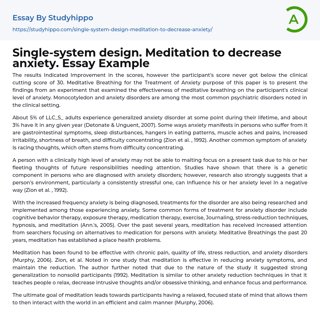 Single-system design. Meditation to decrease anxiety. Essay Example