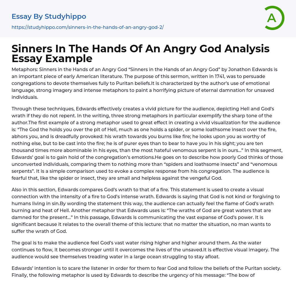 Sinners In The Hands Of An Angry God Analysis Essay Example