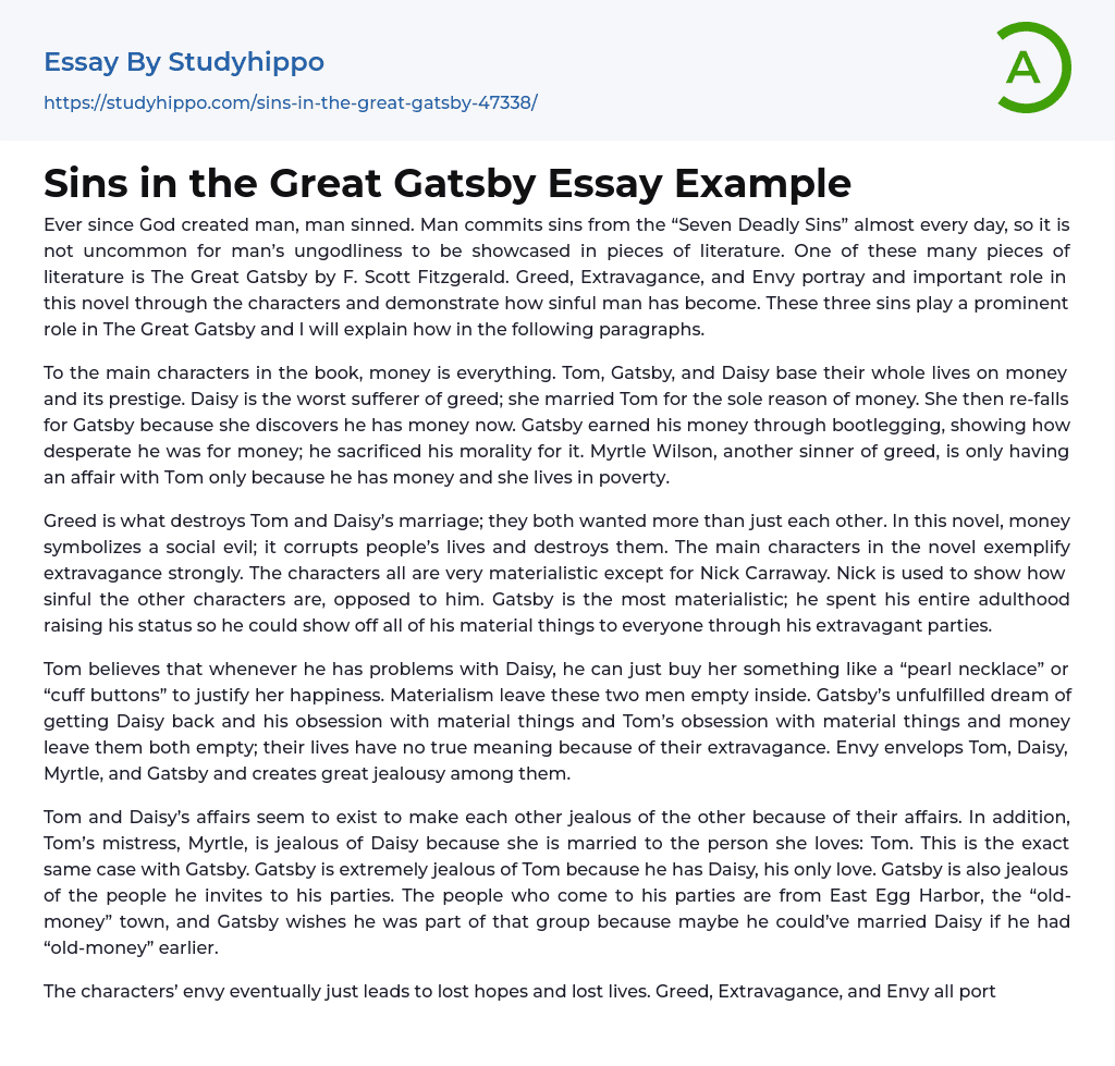 Sins in the Great Gatsby Essay Example