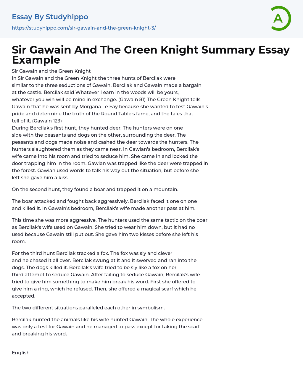Sir Gawain And The Green Knight Summary Essay Example