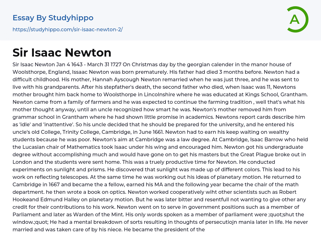 Sir Isaac Newton Essay Example