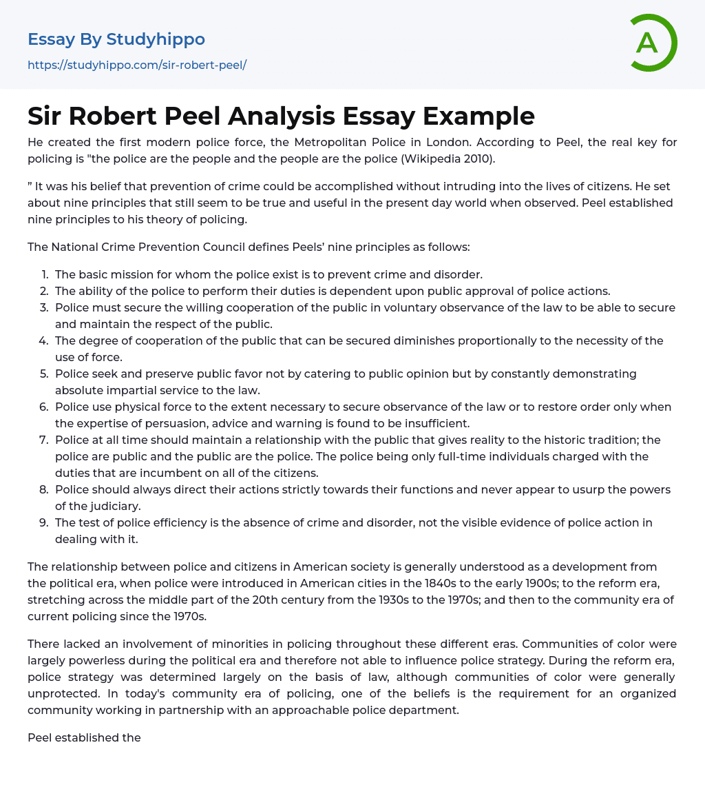 Sir Robert Peel Analysis Essay Example