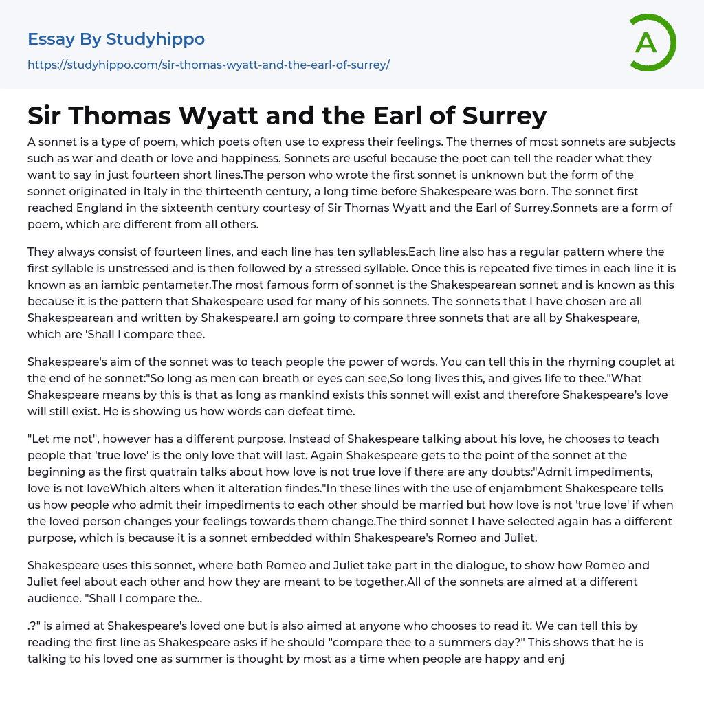 Sir Thomas Wyatt and the Earl of Surrey Essay Example