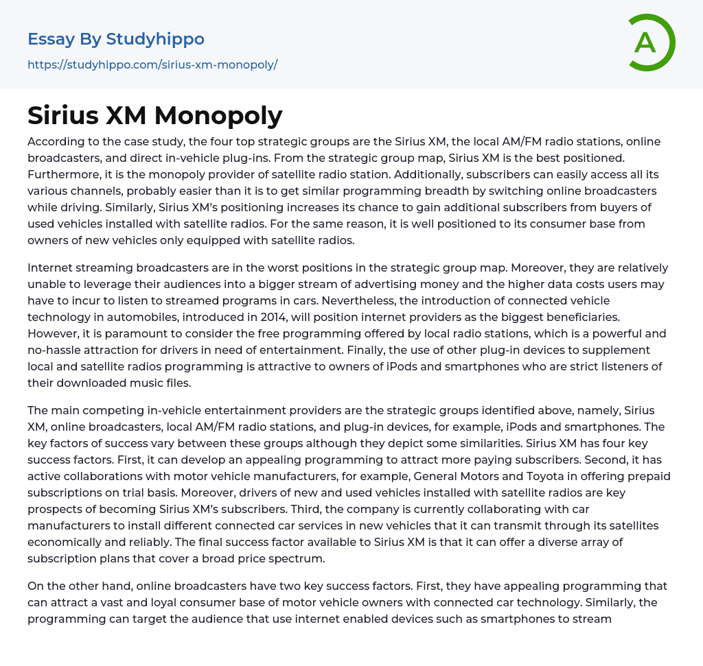 Sirius XM Monopoly Essay Example