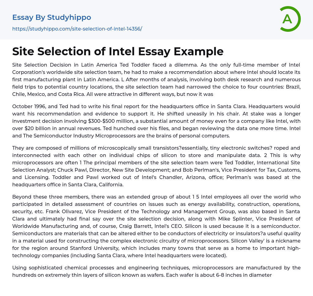 Site Selection of Intel Essay Example