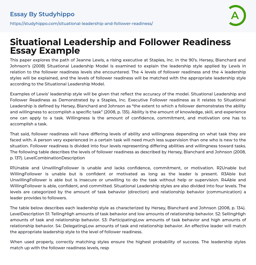 Situational Leadership and Follower Readiness Essay Example