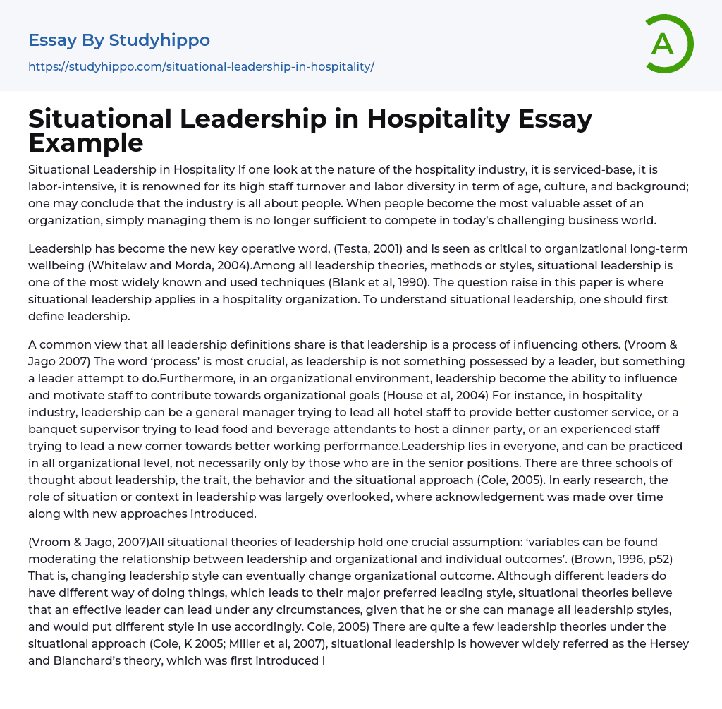 Situational Leadership in Hospitality Essay Example