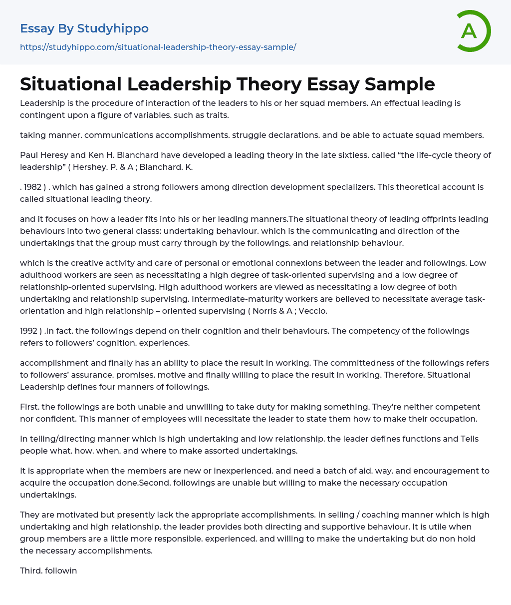 Situational Leadership Theory Essay Sample
