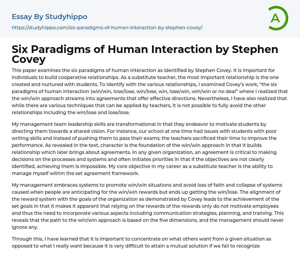 Six Paradigms of Human Interaction by Stephen Covey Essay Example