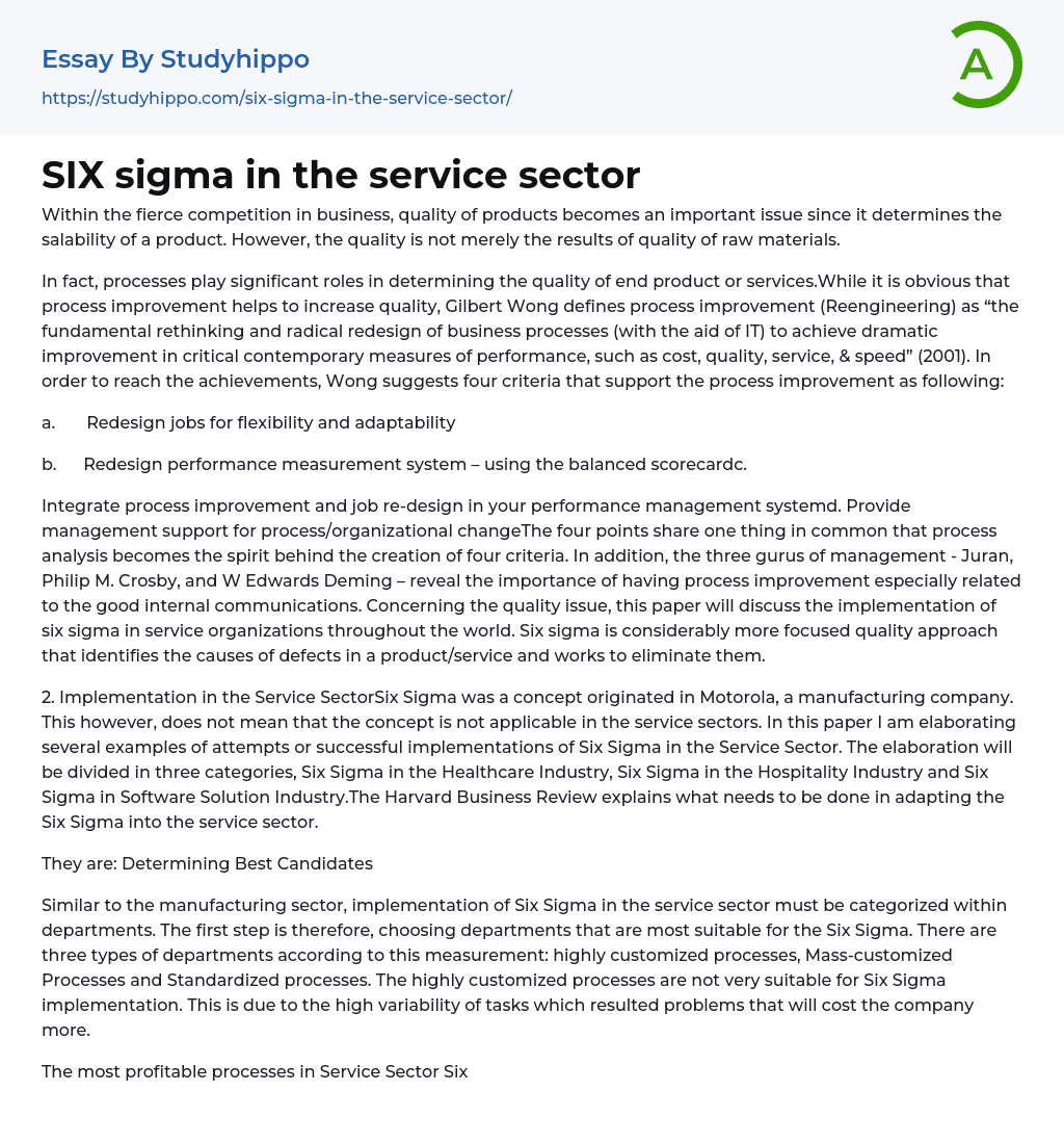 SIX sigma in the service sector Essay Example