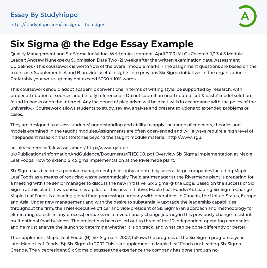 Six Sigma @ the Edge Essay Example