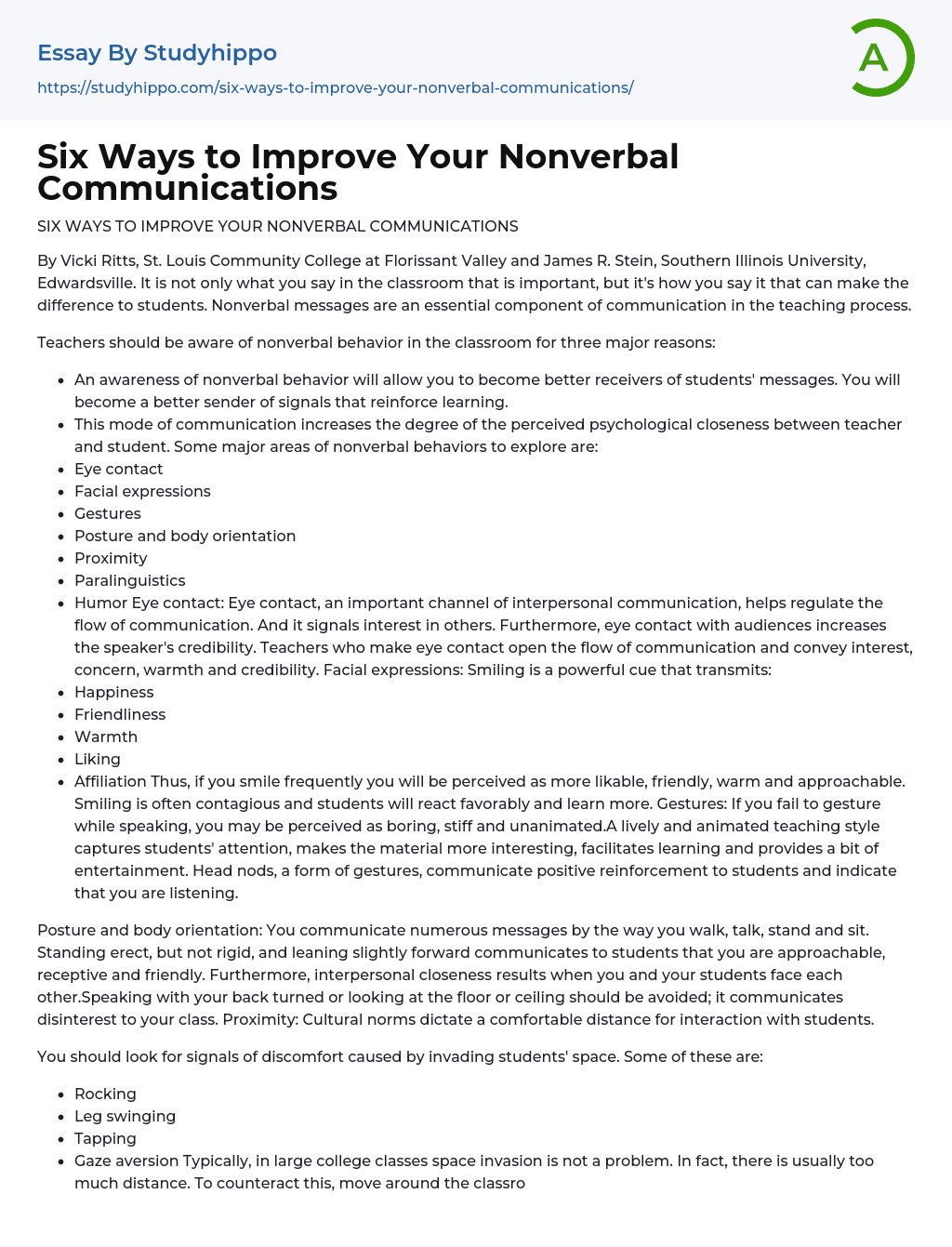 Six Ways to Improve Your Nonverbal Communications Essay Example