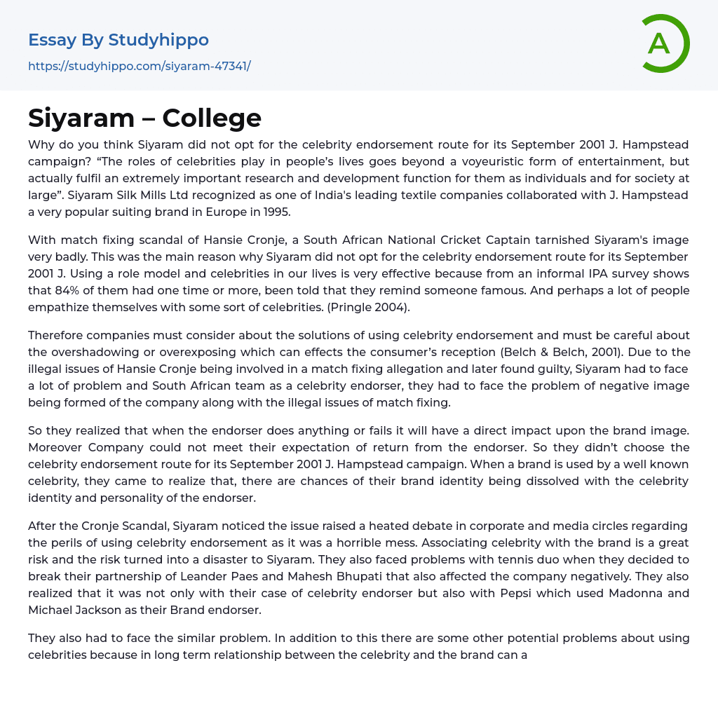 Siyaram – College Essay Example