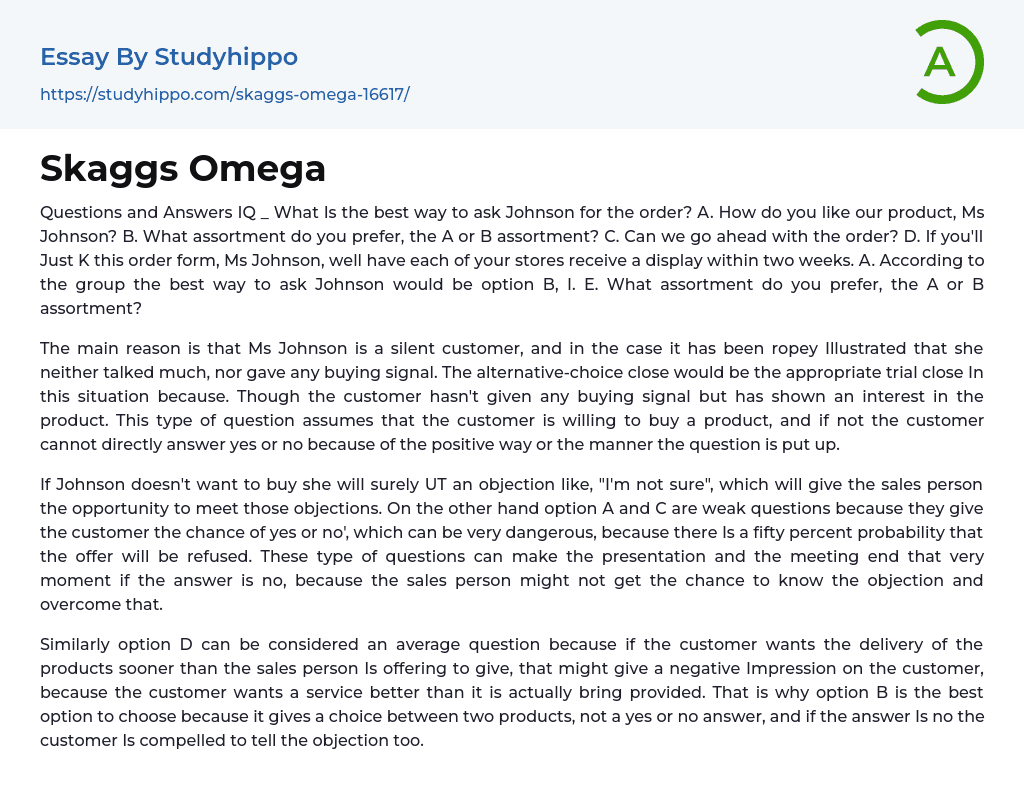 Skaggs Omega Essay Example