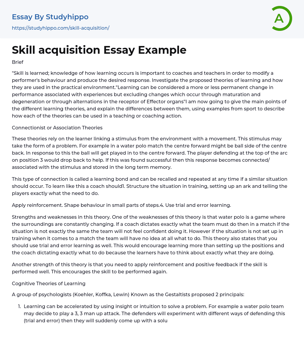 Skill acquisition Essay Example