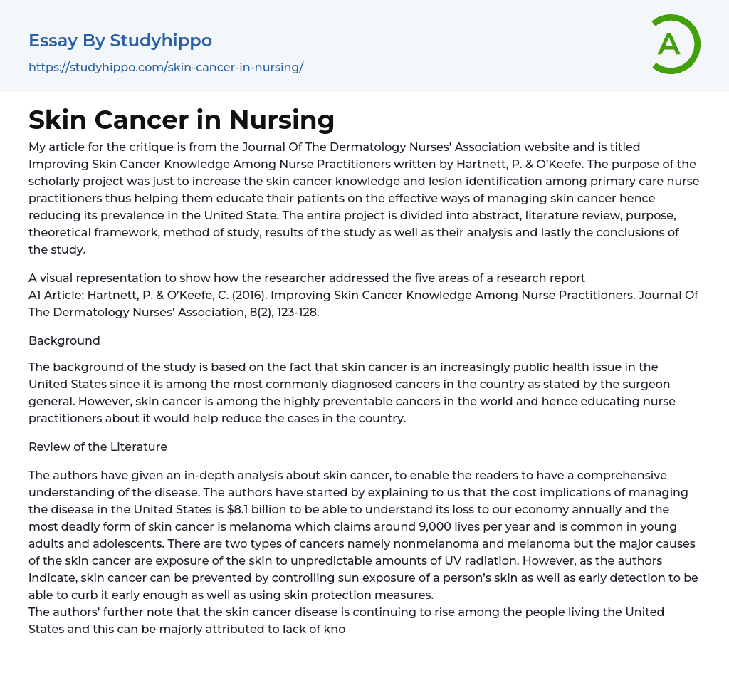 Skin Cancer in Nursing Essay Example
